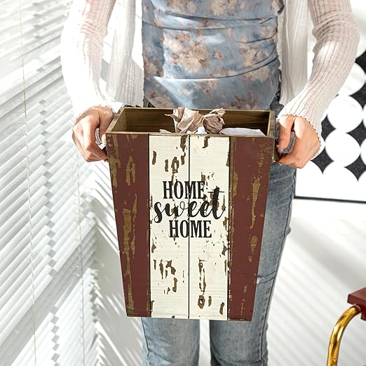 Small Wood Trash Can Wastebasket, Farmhouse Rectangular Garbage Can Waste Basket, Rustic Distressed Wooden Trash Recycling Bin with Metal Handles, Home Sweet Home Wood Storage Basket (Distressed)