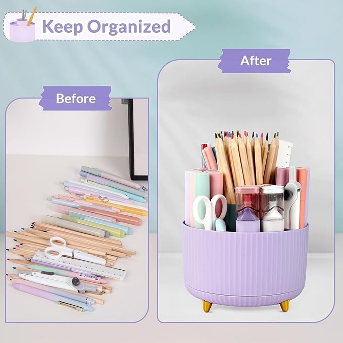 SKYDUE 360 Rotating Purple Pen & Art Supply Organizer - 5 Slot Desk Organizer for Office, School, Home