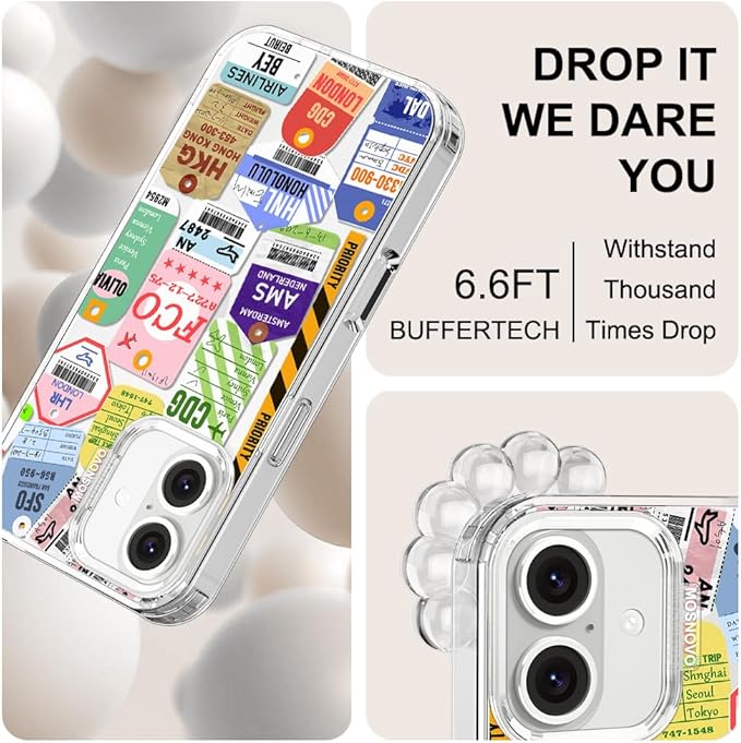 MOSNOVO Case for iPhone 16, [Buffertech 6.6ft Military-Grade Drop Protection] [Anti Peel Off Tech] Clear TPU Bumper Phone Case Cover Design - Air Ticket Labels