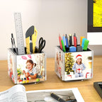 HIIMIEI Acrylic Rotating Pen Holder for Desk, Pencil Holder Picture Frame Holds 4 Family Photos of 4"x4", Desk Pen holder Organizer for Office, Classroom, Home, Kids (Black)