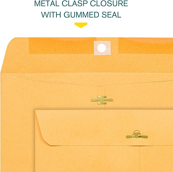 EnDoc 9 1/2 x 12 1/2 Clasp Envelopes - 100 Pack - Brown Kraft Catalog Envelopes Gummed Seal Closure – 28lb Heavyweight Paper 9.5x12.5 inch Envelopes for Home, Office, Business, Legal or School.