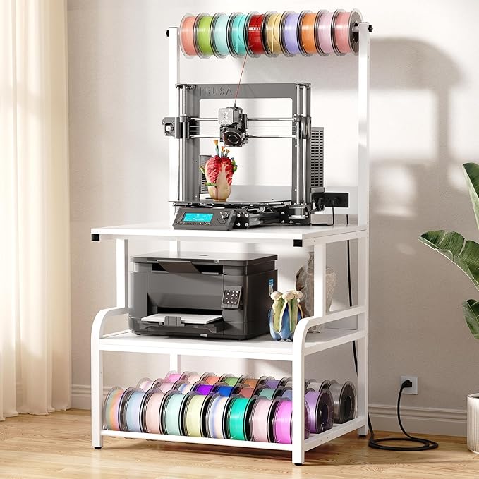 Homieasy Printer Stand with Charging Station, 29.1" x 22.8" Large 3D Printer Table with Filament Storage, Heavy Duty Rolling Printer Cart with 4-Tier Storage for Workshop/Office/Garage, White