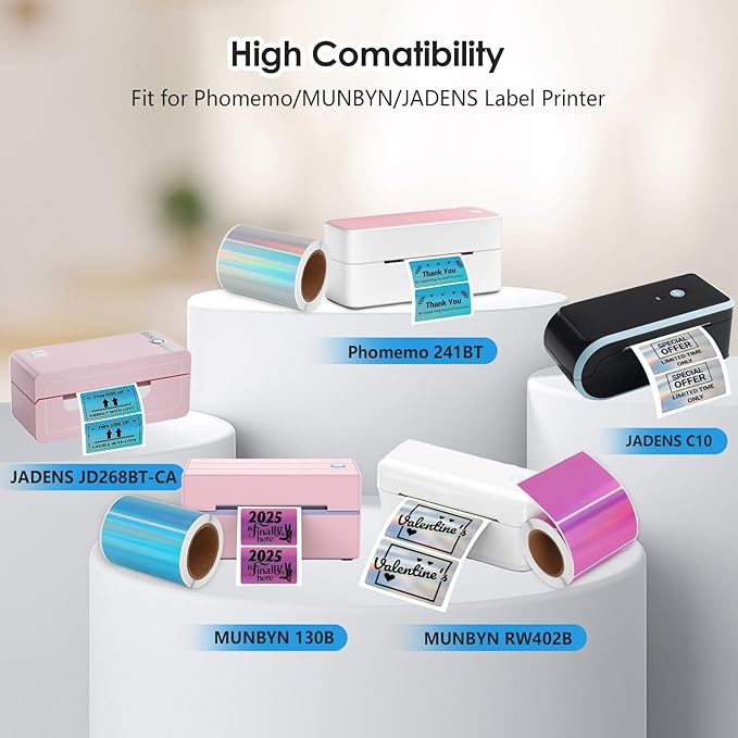 3x2'' Holographic Thermal Labels,3 Rolls Square Label Sticker for Phomemo 241BT for MUNBYN 130B/RW402B Printer,600Pcs Waterproof Label Paper for Address/Logo/Barcode/Price/Thanks