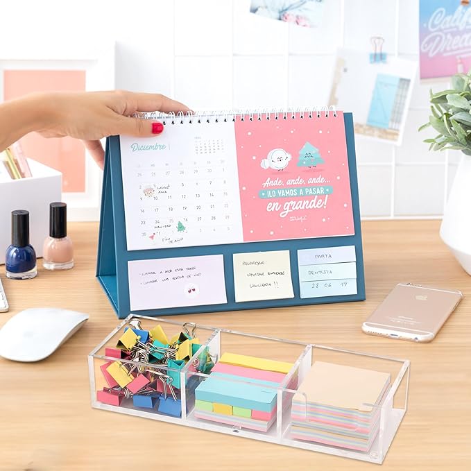 Acrylic 3in1 Sticky Note Holder Desk Organizer, 11.8" x 3.9" x 2.3" Self-Stick Memo Pad Dispenser for School Office Home Post Bank with 3 Compartments (DP003)