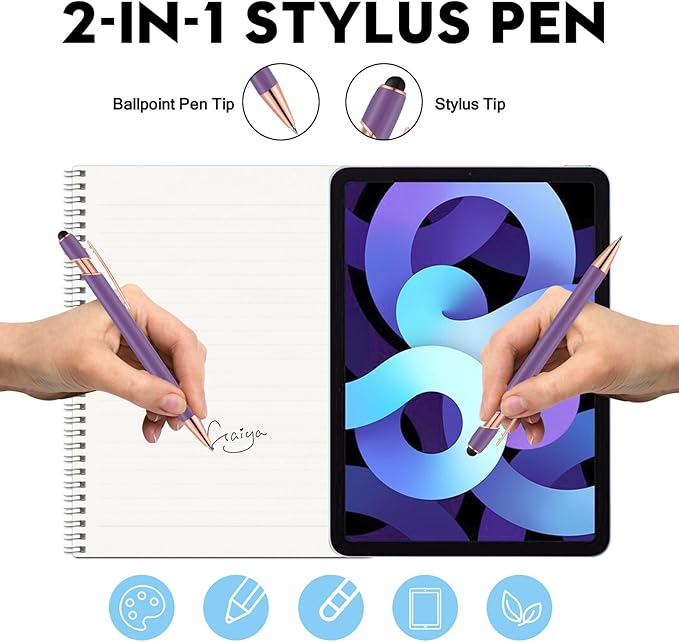 12 PCS 2 in 1 Stylus Ballpoint Pen with Stylus Tip, 1.0 mm Black Ink Metal Pen Stylus Pen for Touch Screens (Light Purple)