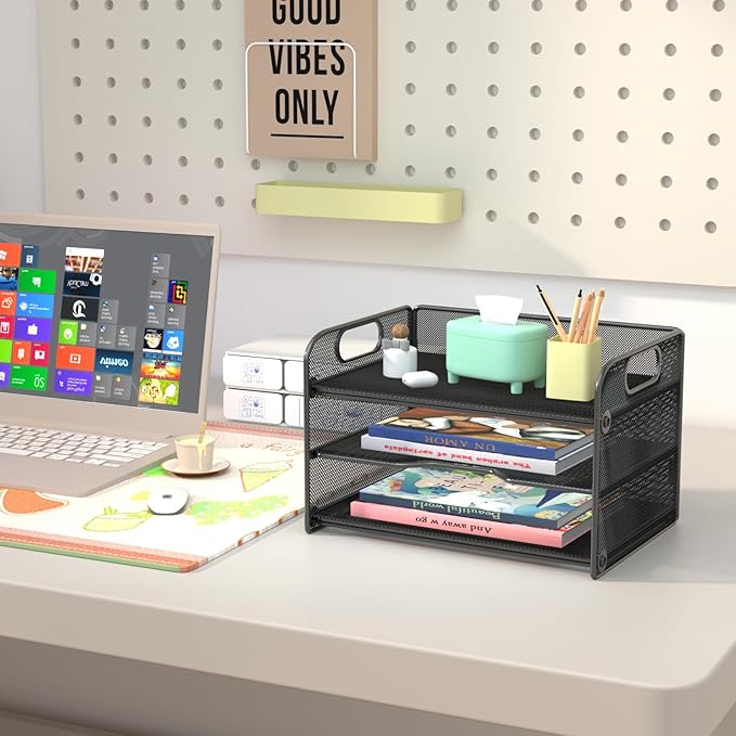 Samstar 3 Tier Letter Tray Paper Organizer with Handle, Mesh Desk Organizer Paper Sorter File Rack Shelves, Black