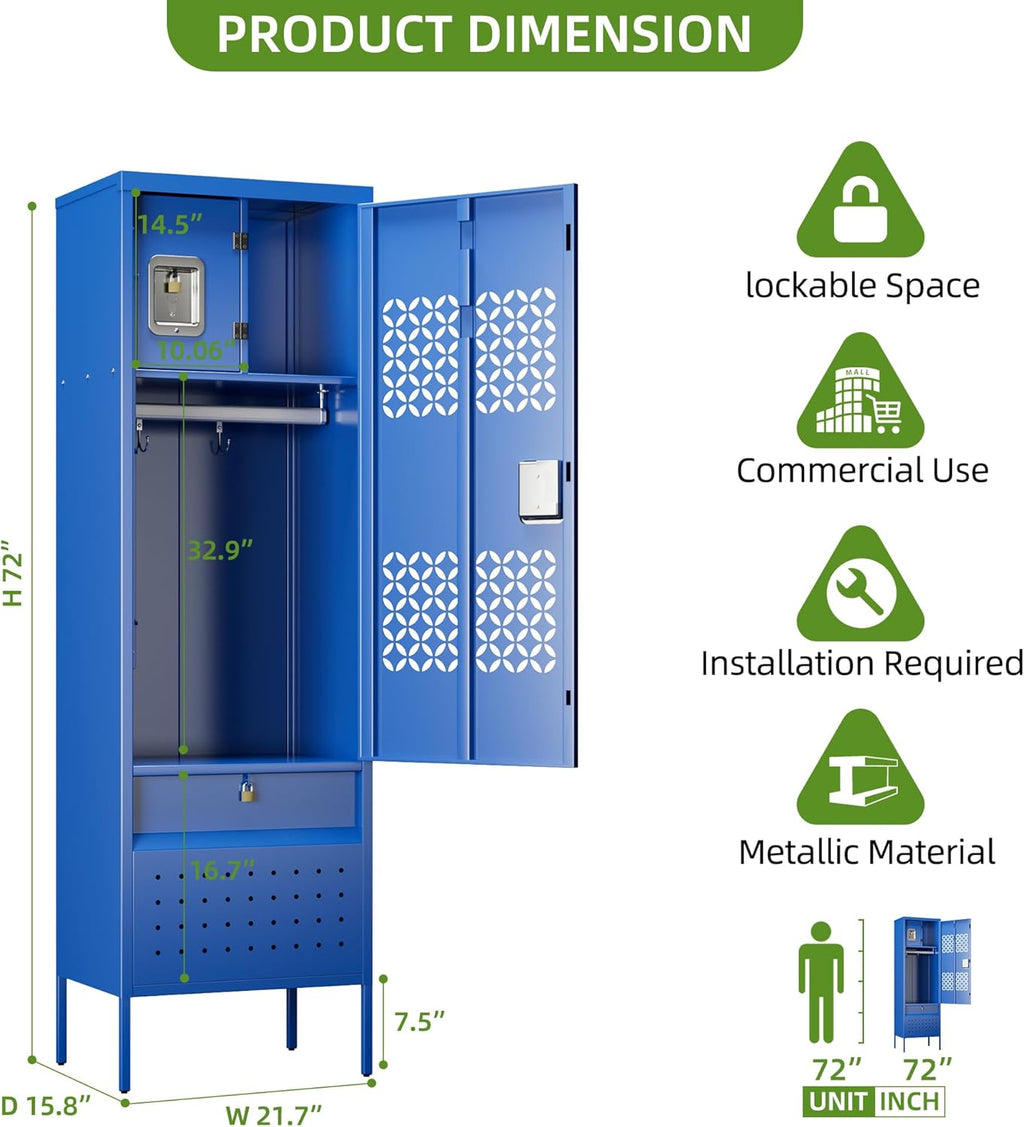 Locking Metal Locker with Hanging Rod,1 Door Metal Storage Locker for Gym,Basketball Gym,Gymnasiums,Utility Room,Assembly Required,Blue