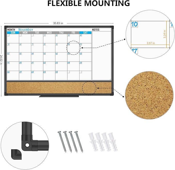 XBoard Dry Erase Calendar Whiteboard 36 X 24 - Combo White Board Calendar Monthly, Magnetic White Board + Corkboard with Black Aluminum Frame, 10 Colorful Push Pins & Marker Tray Included
