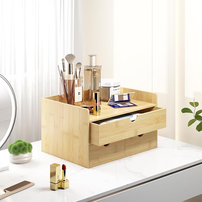 Bamboo Desk Organizer with Drawers Desktop Storage Drawers for Bills Office Supplies Kitchen Utensils Organizing Tool for Home Classroom Organization No Assembly (Nature 3 Drawers)