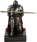 Medieval Armored Warrior Wearing Outerwear, Mobile Phone Stand Knight Pen Holder Desk Organizers, Resin Bookends Paperweight with a Letter Opener for Desk (Iron)