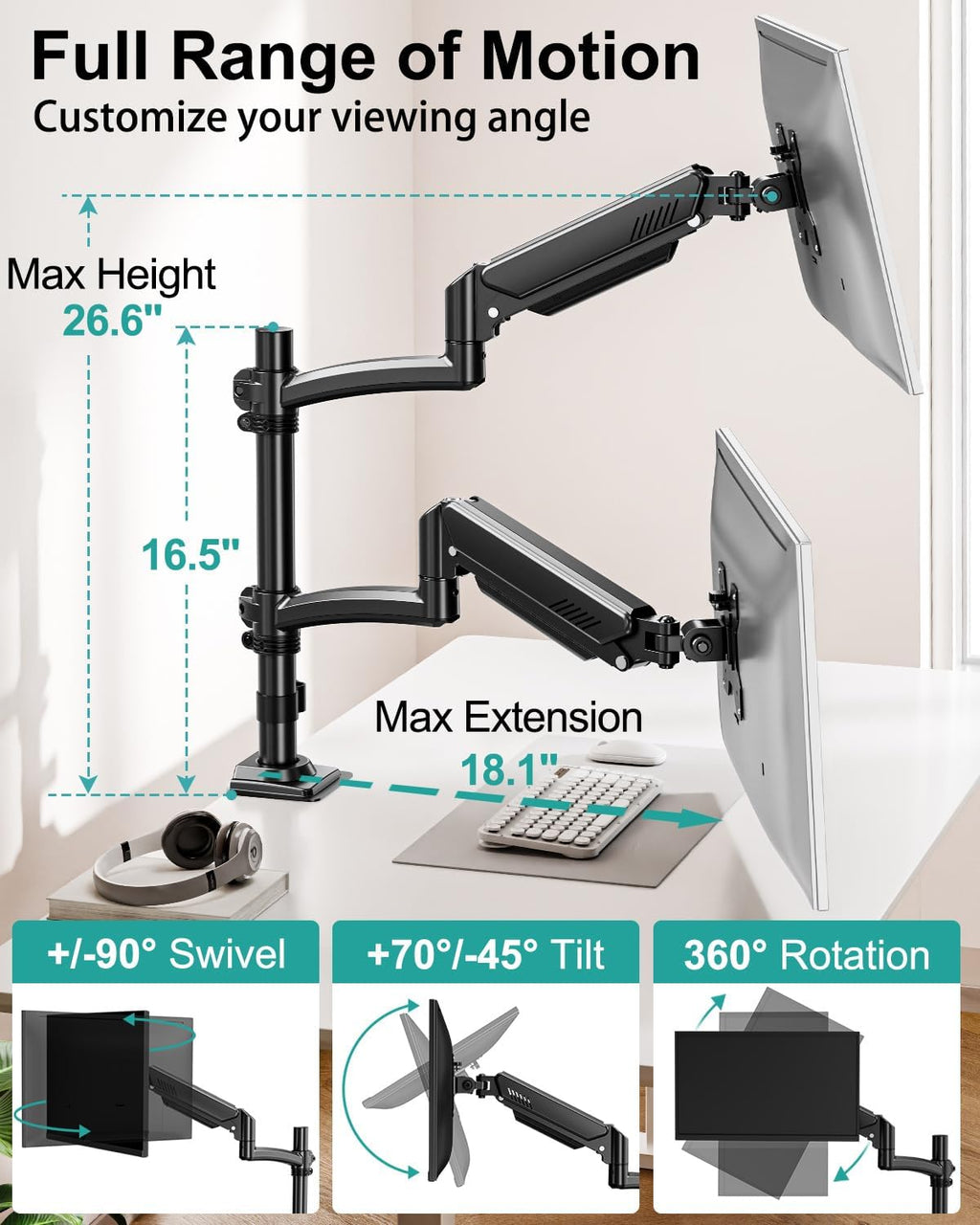 Dual Monitor Stand for Desk, Taller Monitor Arms for 2 Screens up to 32 inch, Ergonomic Adjustable Gas Spring Double Computer Monitor Mount, Holds 4.4-22lbs, VESA 75/100mm, Black, Freelift