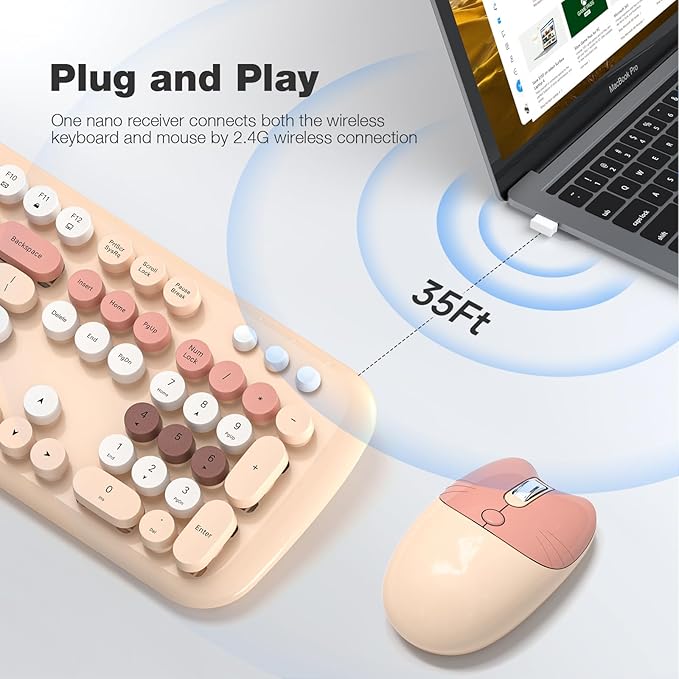 MOFII Wireless Keyboard and Mouse Combo, Full-Sized Colorful Typewriter Keyboard with Round Keycaps, 2.4G Cute Mouse Compatible with PC/Laptop/Computer,Milk Tea Color