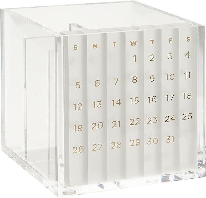 russell+hazel Acrylic Perpetual Calendar and Pencil Bloc Two Compartment Pen Cup, Office Supplies, Clear, 4” x 4”