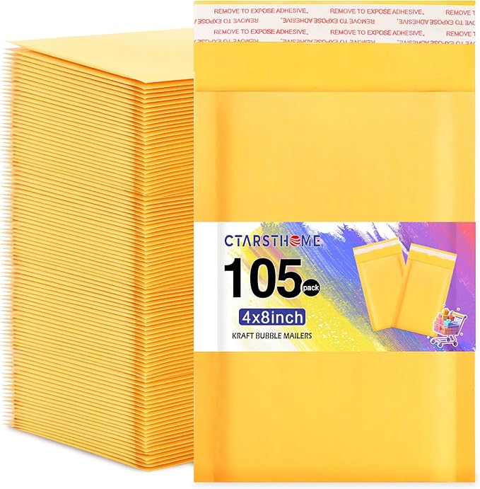 105Pack Yellow 4x8inch Kraft Bubble Mailers Small Business Mailing Packages Self-Sealing Paper Envelopes, Mailer Shipping Padded Envelopes with Strong Adhesion for Jewelry Makeup Supplies