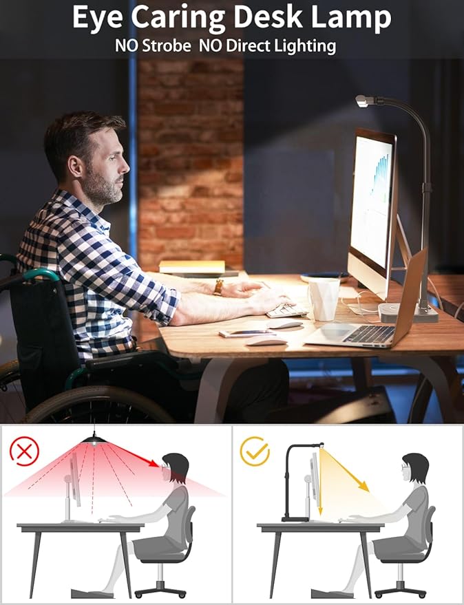 LED Desk Lamp for Home Office, Double Head 24W with Base, Architect Light 5 Lighting Brightness Flexible Gooseneck Table Reading Study, Black