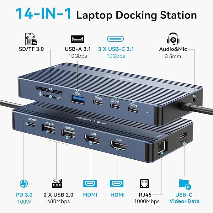 ACASIS USB C Hub with 4K Video Output USBC Splitter with 2*HDMI+4 * 10Gbps Data Transfer+Ethernet+SD/TF+Audio+PD100W Docking Station Dual Monitor for Laptop, Portable Monitor and More Type C Devices