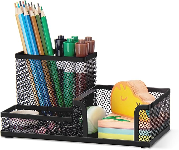 Comix Mesh Pen Pencil Holder Desk Organizer, 3 Compartment Wire Desktop Pen Pencil Cup Caddy Office Supplies Desk Accessories for Home Office School, Black