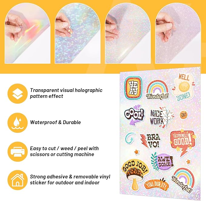 TECKWRAP Holographic Laminate Sheets for Stickers Self Adhesive Vinyl Laminating Sheets Holographic Sticker Paper Clear Vinyl for Inkjet Printer 8.26" x 11.69" A4 28 Sheets (Rainbow,Gem,Star, Sparkle)