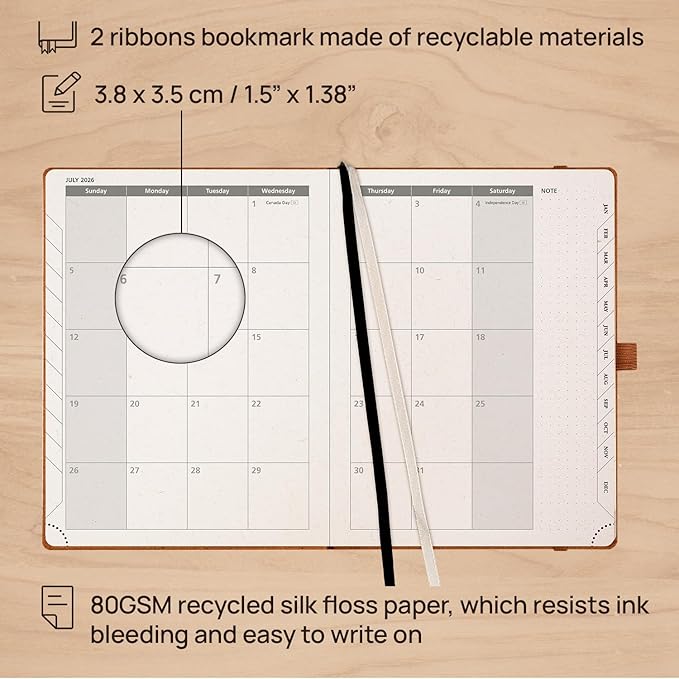 POPRUN 2026 Planner - 2026 Recycled Weekly Planner[6.5''x 8.5''- Italian Regenrated Leather Hard Cover] with Hourly Schedule & Vertical Weekly Layout, Monthly Tabs, Inner Pocket - Black Grey