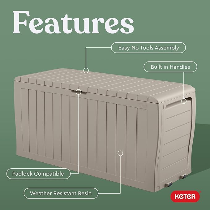 Keter Marvel Plus 71 Gallon Resin Deck Box-Organization and Storage for Patio Furniture Outdoor Cushions, Throw Pillows, Garden Tools and Pool Floats, Beige