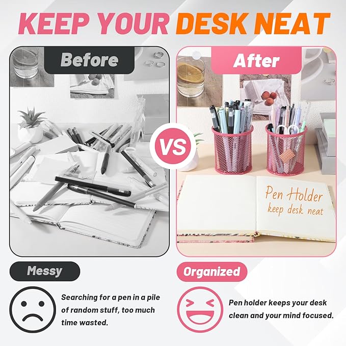 Segarty Pen Holer, 12 Pack Round Dark Pink Pencils Holder for Desk, Metal Mesh Pen Cup Container Marker Organizer Set for Office, School, Home, Desktop Storage and Organization