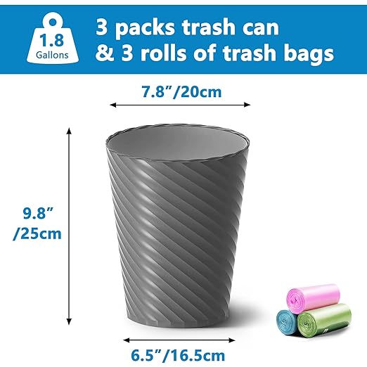 Bathroom Trash Can, 3 Pack 1.8 Gallons Small Trash Can with Trash Bags, Bathroom Garbage Can, Plastic Trash Bin, Round Waste Basket for Bedroom, Office, Room (White Black Grey)