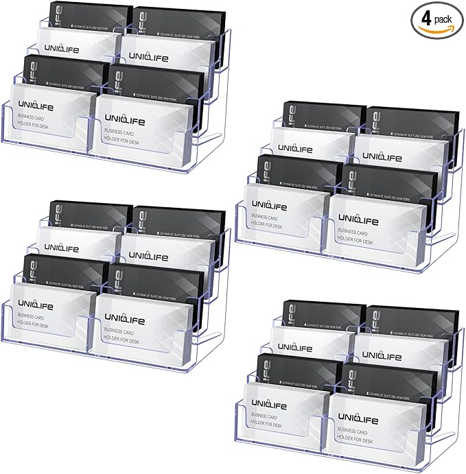 Uniclife 4 Pack Acrylic Business Card Holder for Desk 8 Slots Clear Business Card Display Stand for Men & Women Desktop Business Card Organizer Card Stand for Office Home Exhibition, 480 Card Capacity
