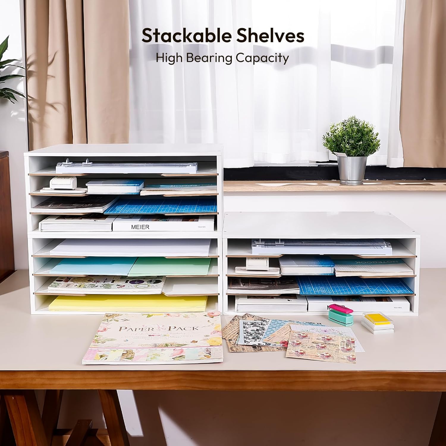 12x18 Construction Paper Organizer, 4-Tiers Paper Storage Shelf, Wooden Desk Organizer, File Holder and Letter Tray for Office, Home, Classroom