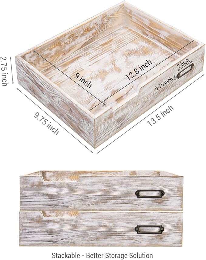 MyGift Rustic White Desktop Letter Tray - Shabby Whitewashed Wood Inbox Holder, Desk Paper File Folder Organizer Box with Metal Label