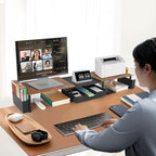 Desk Dual Monitor Stand Riser - Desk Organizer with Drawer and Pen Holders, Office Desk Accessories & Workspace Organization, Computer Monitor Stand for Laptop, Printer, TV, Office Decor, Wood