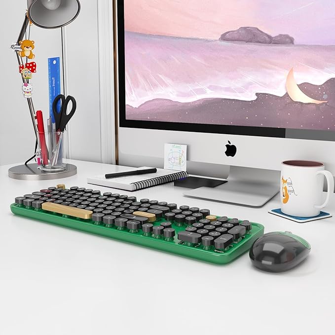Wireless Keyboard,KOOTOP Cute Colorful 104 Keys Typewriter Retro Round Keycaps Keyboard for PC Laptop,Desktop,Windows, Home and Office Keyboards (Black Green)