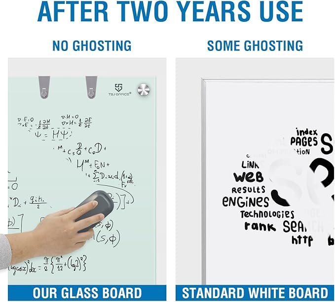 TSJ OFFICE Glass Dry-Erase Board - 48 x 32 Inches Wall Mounted Glass Magnetic Whiteboard, Large Frameless White Board for Office, Home & School