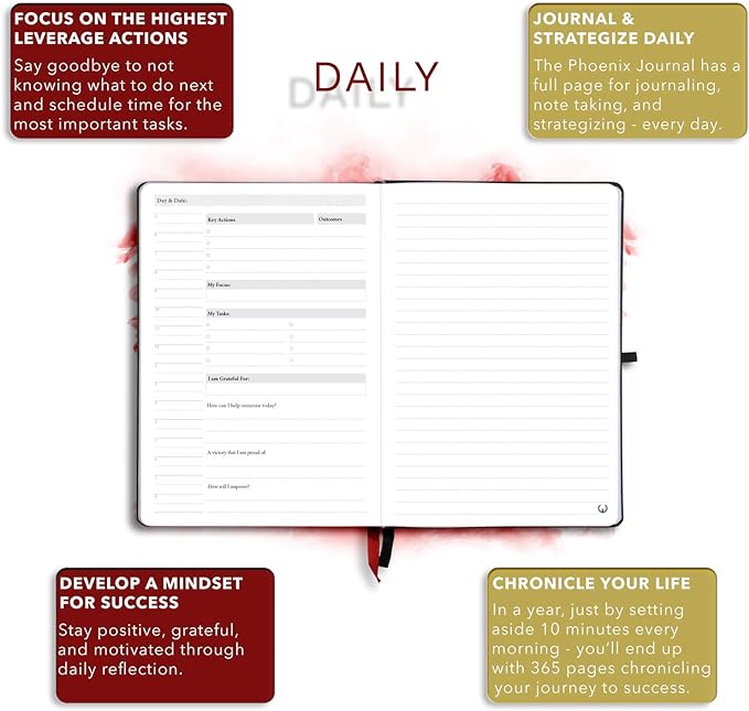 The Phoenix Journal - Best Daily Goal Planner, Organizer, & Calendar for Goal Setting, Gratitude, Happiness, & Productivity - Vision Board & Habit Tracking - 12 Weeks, Undated, Hardcover (Crimson)