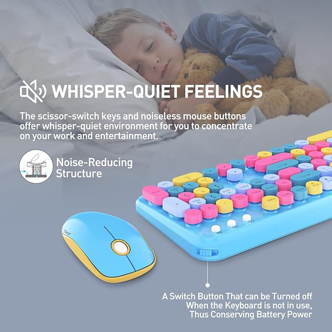 Keyboard and Mouse Wireless,Cute Retro Wireless Keyboard Mouse Combo with Round Key,2.4Ghz Dropout-Free Connection,Typewriter Wireless Keyboard Mouse Set for PC Laptop Desktop Computer-Blue Colorful