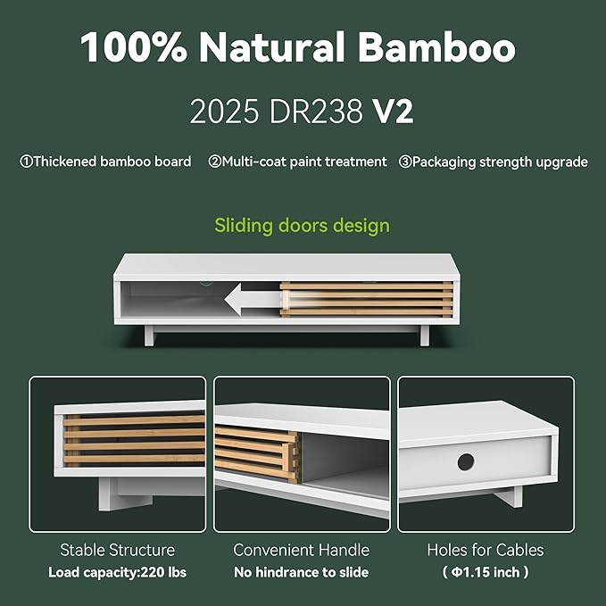 Monitor Stand Riser with Sliding Door, Computer Laptop Stand Desk Shelf Organizer with Storage (White + Natural Bamboo, 25 Inch)