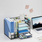 Lavatino Desk Organizer with File Holder, 5-Tier Paper Letter Tray Organizer with Sliding Drawer and 2 Pen Holder, Mesh Desktop File Organizer for Office Supplies (Black)