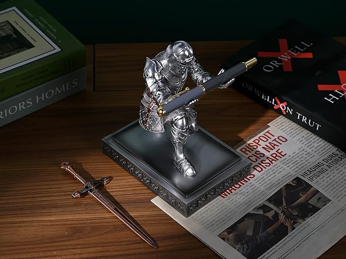 King's Guard Knight Pen Holder Pen Stand Desk Organizers and Accessories Resin Pencil Holder as Gift for Office and Home (Silver)
