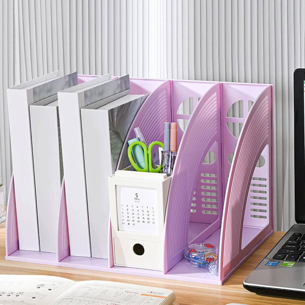 SAYEEC Magazine File Holder Folder Storage Desktop 4 Compartment Standing Hollow Purple Files Bookshelf Organizer Box Office Racks Displays Holds Notebooks Documents for School Working Students