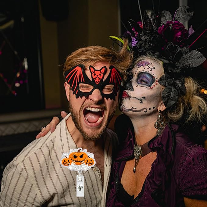 Halloween Pumpkin Badge Reel Cute Glitter Badge Holder Badge Clip Nurse Badge Reel Halloween Handbone Retractable Name Badge Name Tag Holder Nursing Student Social Worker Gift for Coworker