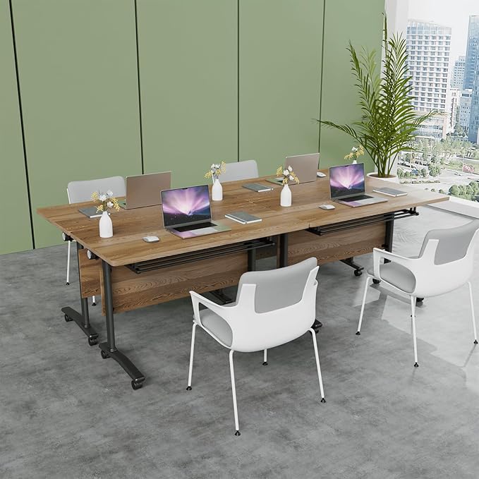 Folding Conference Table, Modern Conference Room Tables with Flip-Top Design, Foldable Conference Table Meeting Table with Wheels, Mobile Seminar Training Tables for Office Classroom (8, Walnut 2)