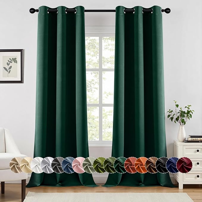 MIULEE Hunter Green Blackout Curtains for Bedroom Living Room 90 Inches Long 2 Panels, Thermal Insulated Room Darkening Drapes Solid Grommet Top Noise Reduction Emerald Green Curtains 40x90 Inch