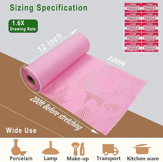 Honeycomb Packing Paper, 12" x 200' Packing Paper Substitute Alternative for Bubble Cushioning Wrap for Moving Shipping Packaging, Recyclable Moving Supplies Bubble Packing Wrap Roll-Pink