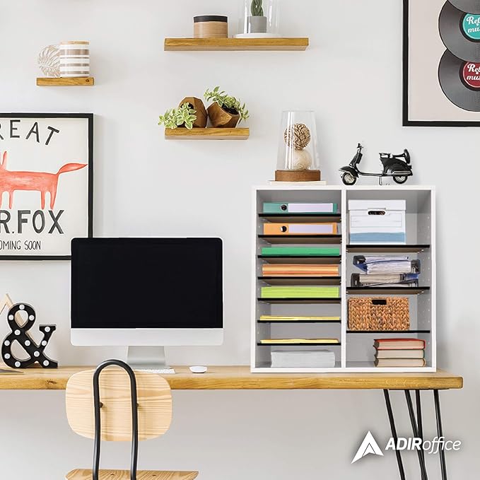 AdirOffice Wooden Adjustable organizerserature Organizer, 16 Compartment Office Mailbox, or Classroom Literature Organizer, White