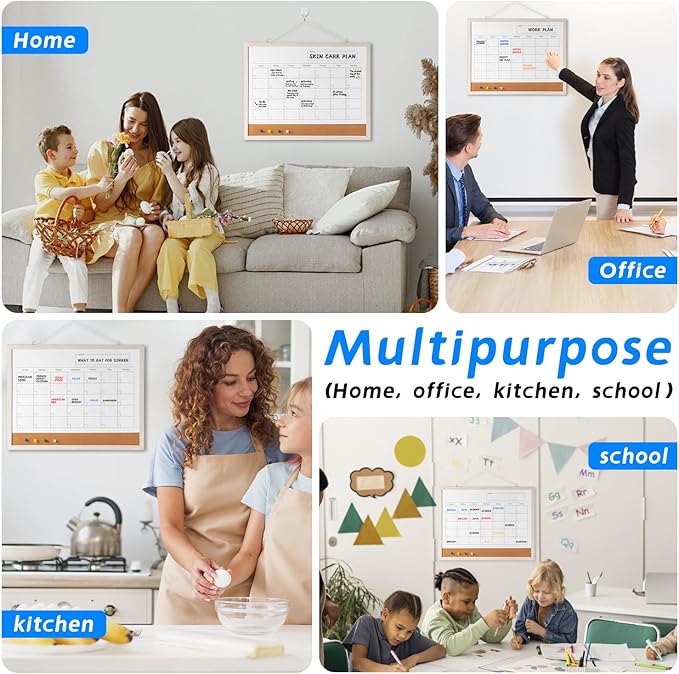 Dry Erase Calendar Whiteboard, 17" x 13" Magnetic Whiteboard Cork Board Combo, Reusable Monthly Planner with 8 Markers, Eraser, Magnets and Pushpins, Hanging Dry Erase Board for Home, School - White