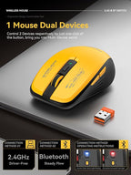 Wireless Mouse (Bluetooth & 2.4GHz USB) with Forward/Backward Side Keys, Silent Click, Ergonomic Portable AA Battery Mice for Laptop/Mac/iPad - Office & Travel Use, Yellow & Black