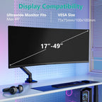 WALI Ultrawide Monitor Arm for 17 to 49 Inch Heavy Duty Curved Screens, Holds 44 Lbs, Adjustable Gas Spring Single Monitor Desk Mount for Samsung Odyssey G9, 75x75/100x100 VESA (GSM001XL-P), Black