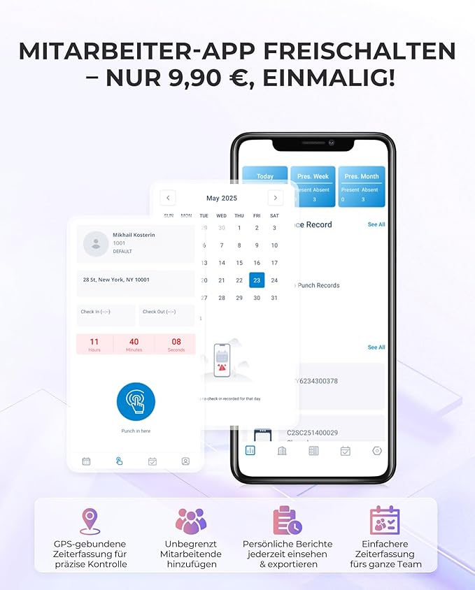 NGTeco Cloud Time Clock, Upgraded TC1 Remote Control 2.4GHz WiFi Time Card Machine for Small Business with Software & App for iOS/Android, Includes 5 RFID Cards No Monthly Fees