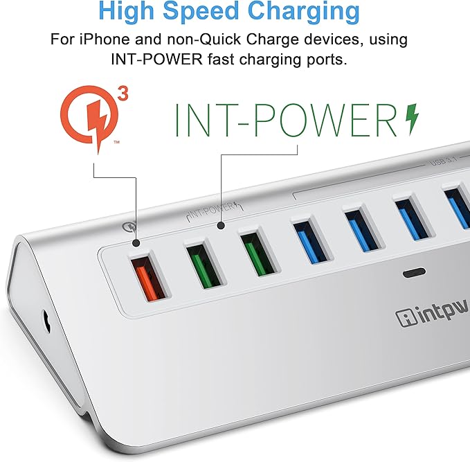 Powered USB Hub 10Gbps, 10 Port USB 3.1 Gen 2 Hub with 7 USB 3.1 Data Ports, 3 Fast Charging Ports, 36W Power Adapter, Type A and Type C Cable, Aluminum USB Data Hub for Mac, PC, Laptop
