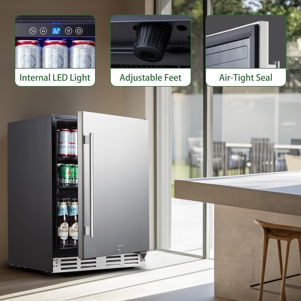 Kalamera Beverage Refrigerator, 24 inch Under Counter Drink Cooler for 154 Cans 32-41℉ Temperature Range, Built-in or Freestanding Ooutdoor Fridge with Stainless Steel Door