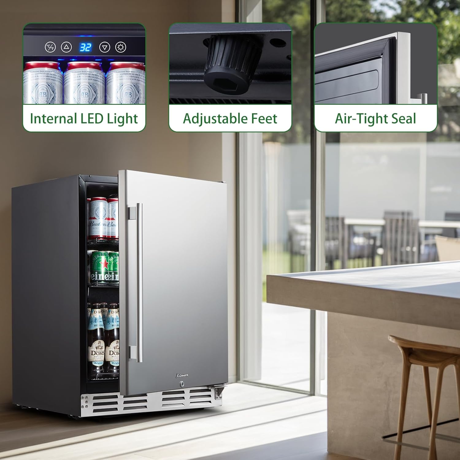 Kalamera Beverage Refrigerator, 24 inch Under Counter Drink Cooler for 154 Cans 32-41℉ Temperature Range, Built-in or Freestanding Ooutdoor Fridge with Stainless Steel Door